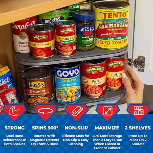 The lazy susan rotated to show the upper tier holding jars and spice bins