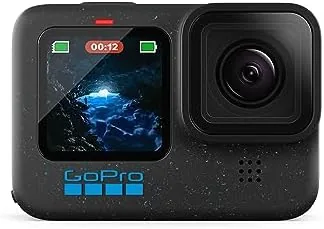 The GoPro HERO12 Black mounted on a helmet showing the front display and lens