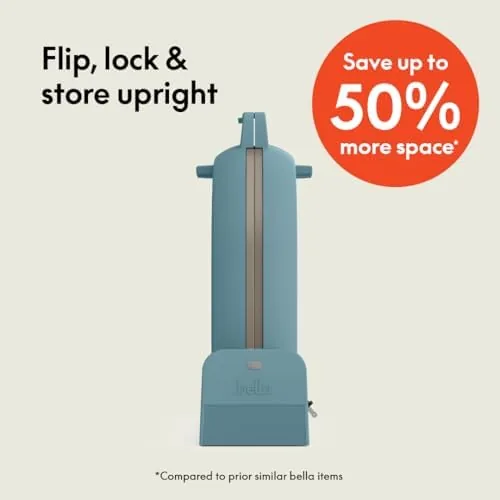 The waffle maker standing upright on its end showing the flip-n-store storage position