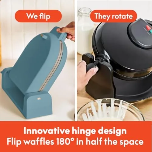 A freshly cooked Belgian waffle on the open plates showing the deep pocket pattern