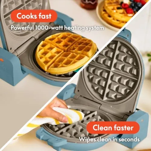 A stack of golden Belgian waffles with butter and syrup on a breakfast plate