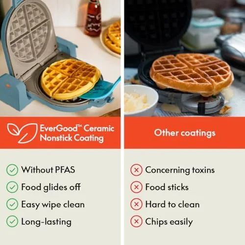 The Surf waffle maker standing upright in a narrow cabinet slot between other appliances