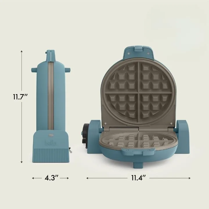 The waffle maker in the open cooking position with batter being poured onto the plates