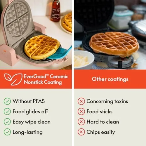 The Blossom waffle maker standing upright in a narrow gap on the kitchen counter