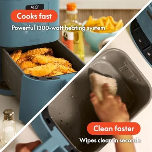 A plate of crispy chicken thighs and roasted vegetables cooked in the air fryer