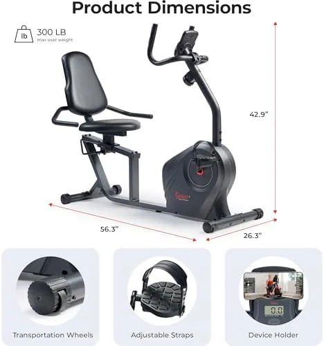 Wide cushioned seat and backrest of the Sunny recumbent bike