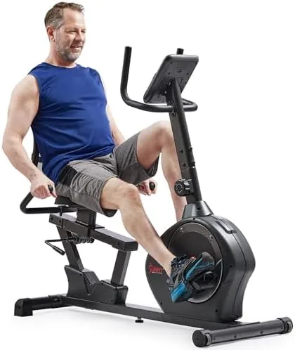 Sunny recumbent bike monitor showing workout stats