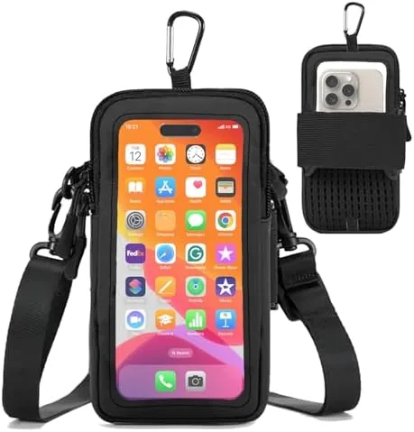 The adjustable arm band fitted with a phone, showing the snug wrap around the upper arm