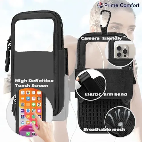 The armband and clear crossbody pouch displayed alongside a rigid clip holder and a neoprene sleeve
