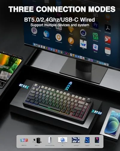Hands typing on the F75 Pro with RGB glow visible under the side printed keycaps