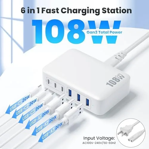 Close look at the USB C Charger Block Charging Station,108W GaN III 6 Port build quality