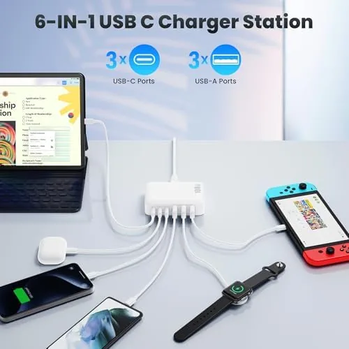 Detail shot of the USB C Charger Block Charging Station,108W GaN III 6 Port features