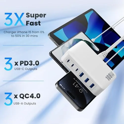 The USB C Charger Block Charging Station,108W GaN III 6 Port in real use