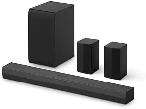 The LG S40TR soundbar below a TV with the rear surround speakers positioned behind a sofa