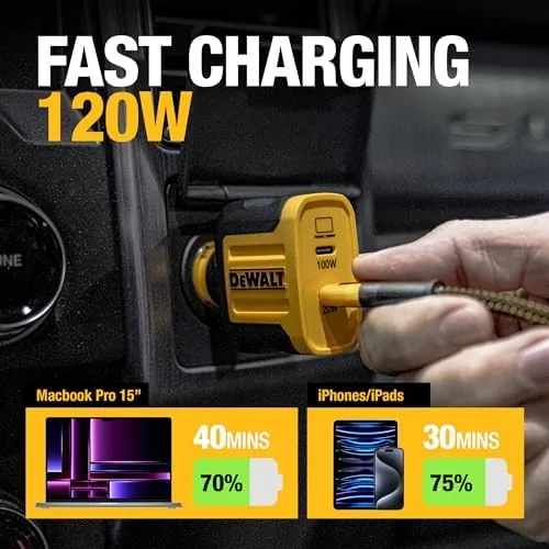 Detail shot of the DEWALT Heavy Duty USB C Car Charger, 120W 2-Port PD features