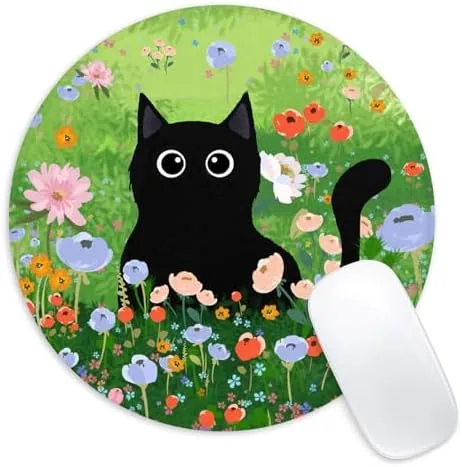 Overview of the Black cat Round Mouse Pad,Funny Small Mouse Pad with Non-Slip