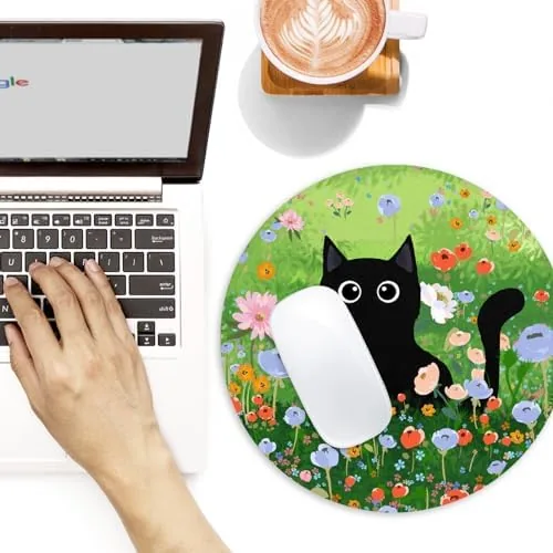 The Black cat Round Mouse Pad,Funny Small Mouse Pad with Non-Slip in real use