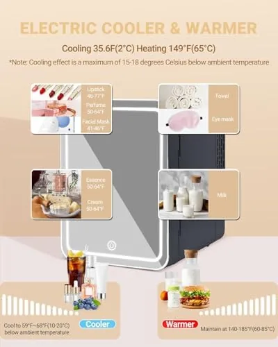 Close look at the Upgrade Skincare Fridge with Dimmable LED Light Mirror, 4L/6Can Cooler build quality