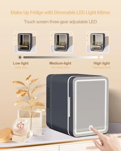 Another view of the Upgrade Skincare Fridge with Dimmable LED Light Mirror, 4L/6Can Cooler