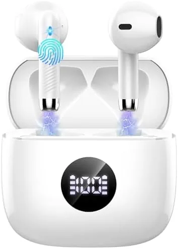 Pair of white Bluetooth 5.4 earbuds with the charging case open