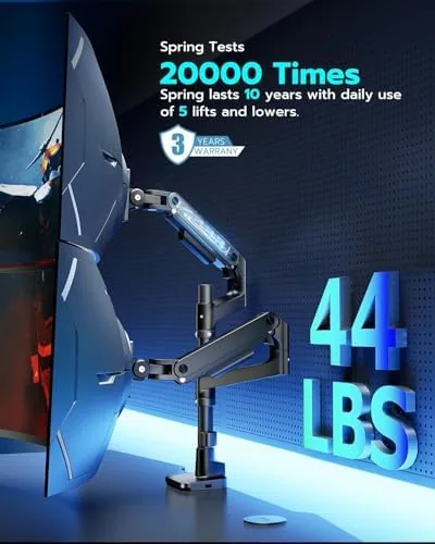 Another view of the ARES WING Stack Dual Ultrawide Monitor Mount with USB A/C