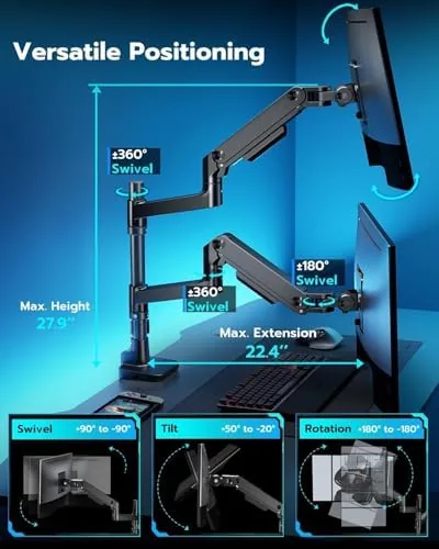 The ARES WING Stack Dual Ultrawide Monitor Mount with USB A/C compared in context