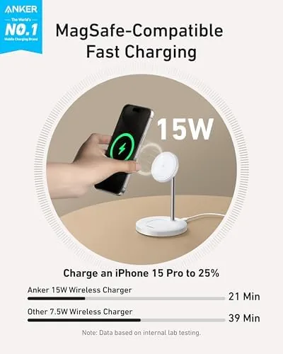 Close look at the Anker MagGo 2-in-1 MagSafe Compatible Qi2 15W Wireless Charging Stand build quality