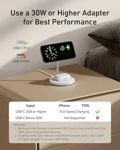 Detail shot of the Anker MagGo 2-in-1 MagSafe Compatible Qi2 15W Wireless Charging Stand features
