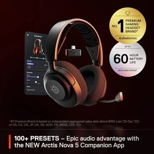 SteelSeries Arctis Nova 5 showing the USB-C wireless dongle and Bluetooth pairing