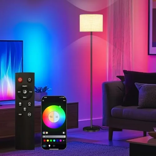 The Qaubauyt smart LED floor lamp standing beside a living room sofa