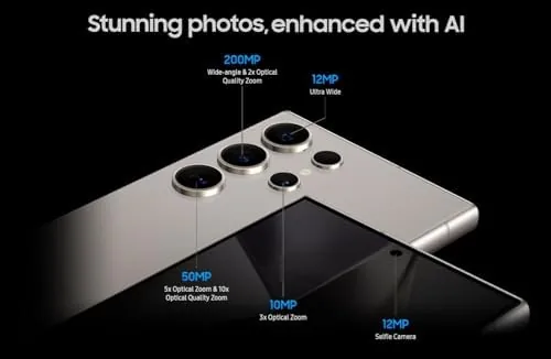 Detail shot of the Samsung Galaxy S24 Ultra 5G, US Version, 256GB, Titanium Black features