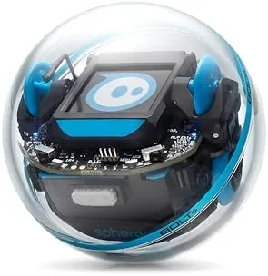 Sphero Bolt+ robot sitting on a hard floor with its LED matrix lit