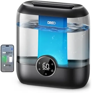 The DREO 6L smart humidifier standing in a bedroom corner with a soft mist