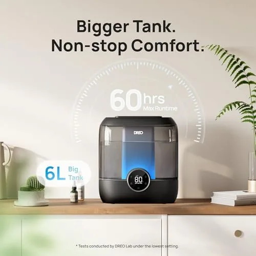 A humidity meter on a nightstand showing the target reached by the humidifier