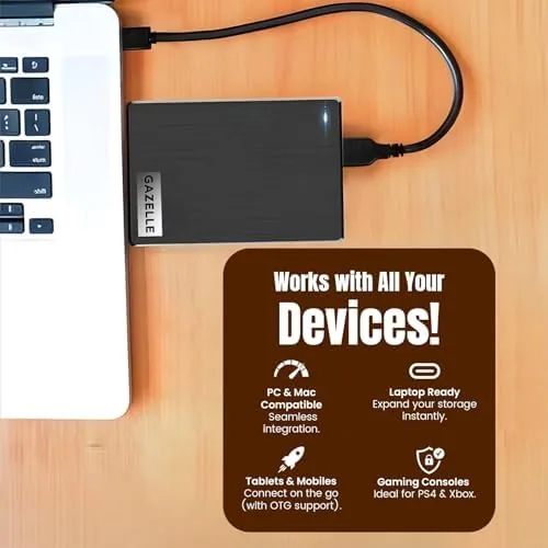 Detail shot of the GAZELLE High-Speed 1TB Ultra Slim Portable External Hard Drive features