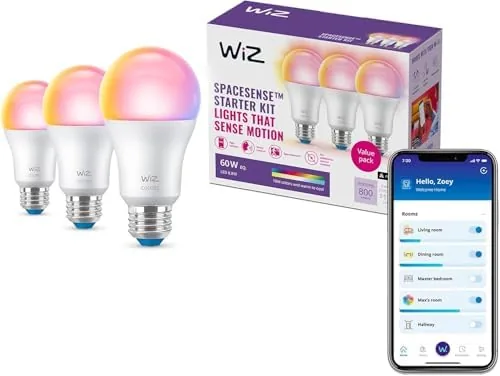 Three WiZ connected smart bulbs in frosted A19 form on a desk