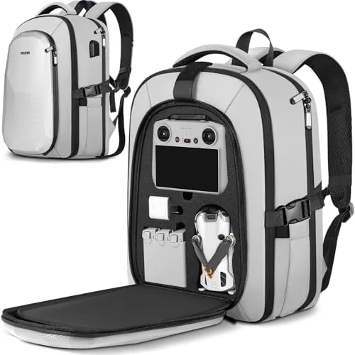 Expandable drone backpack standing with the DJI Mini 4 Pro case open