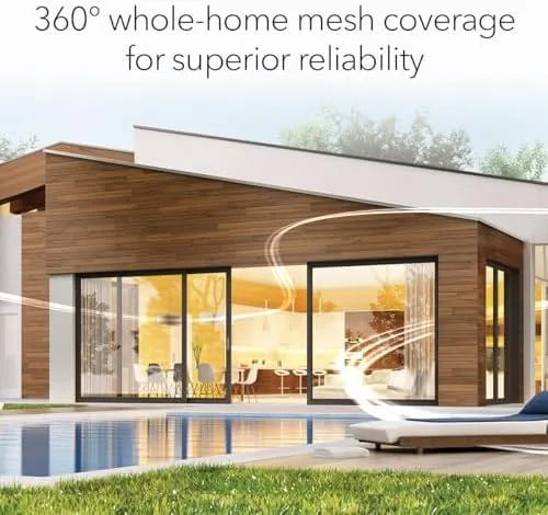 Network diagram showing the Orbi 770 router and satellites covering a home floor plan