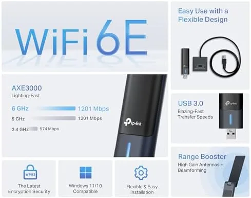 Close up of the adapter seated in a USB 3.0 port with antenna raised