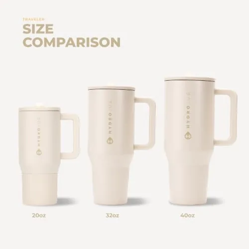 The HydroJug next to a narrow bottle and a wide tumbler for size comparison