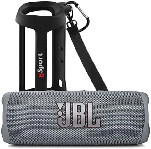 JBL Flip 6 speaker in the gray gSport silicone sleeve on a table