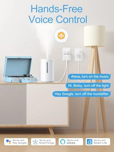 A smart home scene with lamps, fans, and appliances each connected to a plug