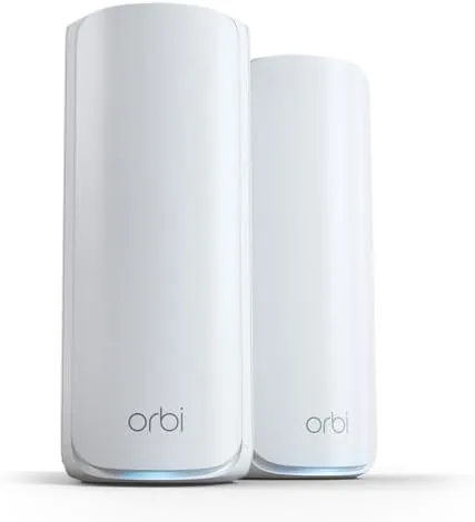 NETGEAR Orbi 770 router and single satellite sitting on a living room shelf