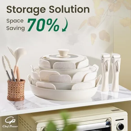 The nested cookware set stacked together with the detachable handle stored in its dock