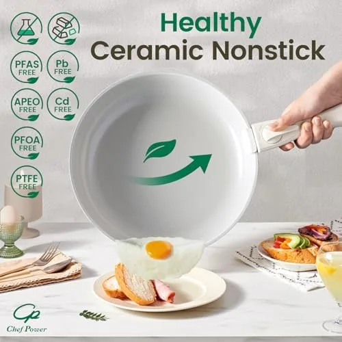 The ceramic cookware set beside a traditional handled nonstick set to compare storage footprints