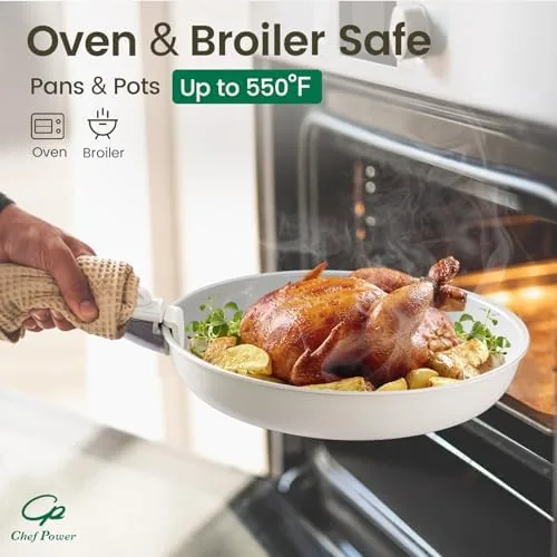 The cookware set in a small RV galley, nested and out of the way