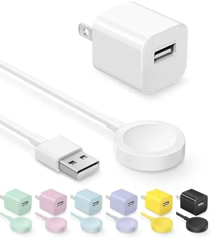 The Fast Apple Watch wall charger in white plugged into an outlet with the watch resting on the magnetic puck