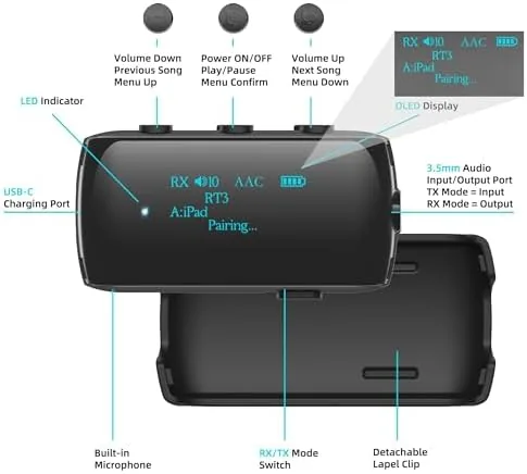 Detail shot of the Bluetooth 5.2 Transmitter Receiver for 2 AirPods/Headphones | Flight Bluetooth features