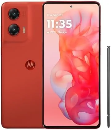 The Moto G Stylus 5G 2024 in Scarlet Wave showing the display and the stylus