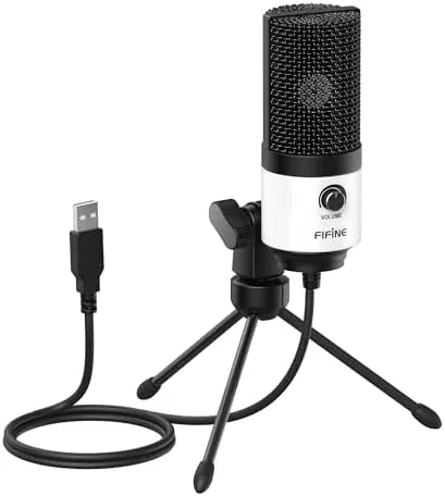 FIFINE K669 White USB microphone on its tripod stand